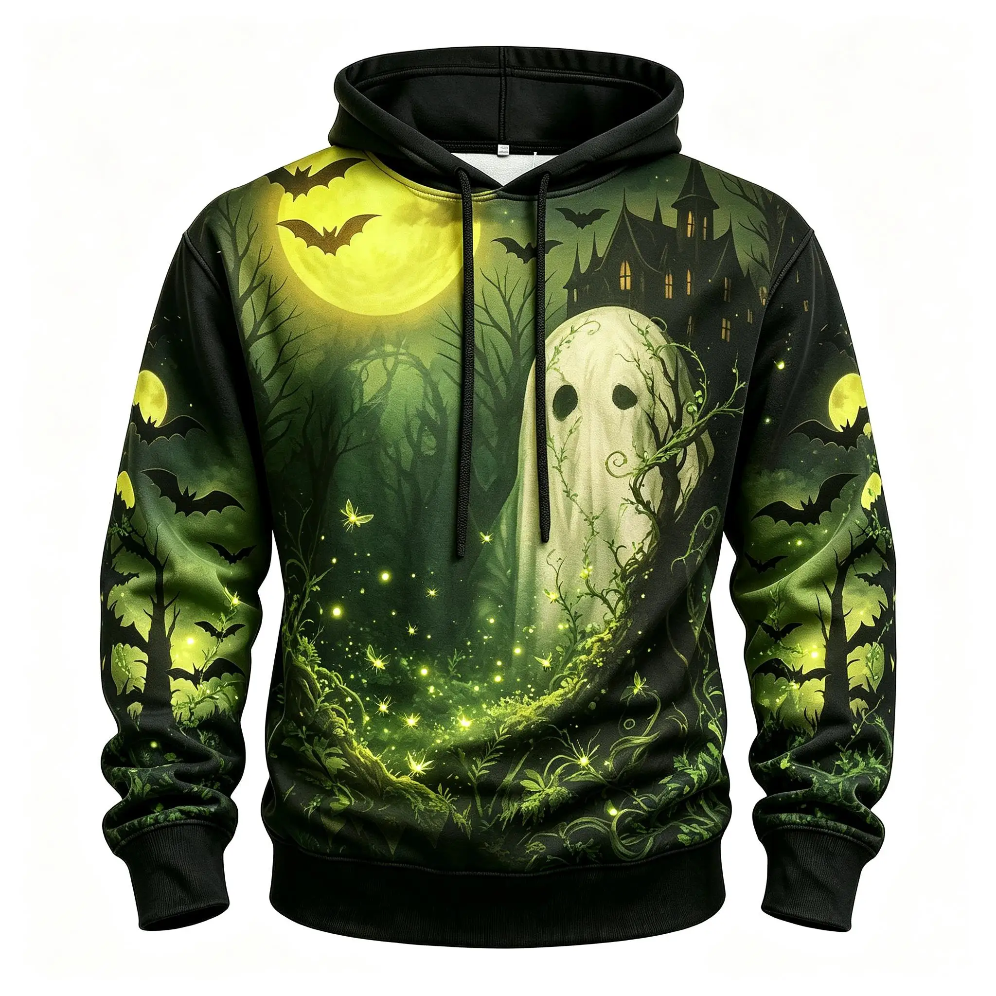 Men's Green Moon Ghost Haunted Castle Forest Bat Full Print Hoodie Halloween Gothic Long Sleeve Hooded Sweatshirt For Streetwear