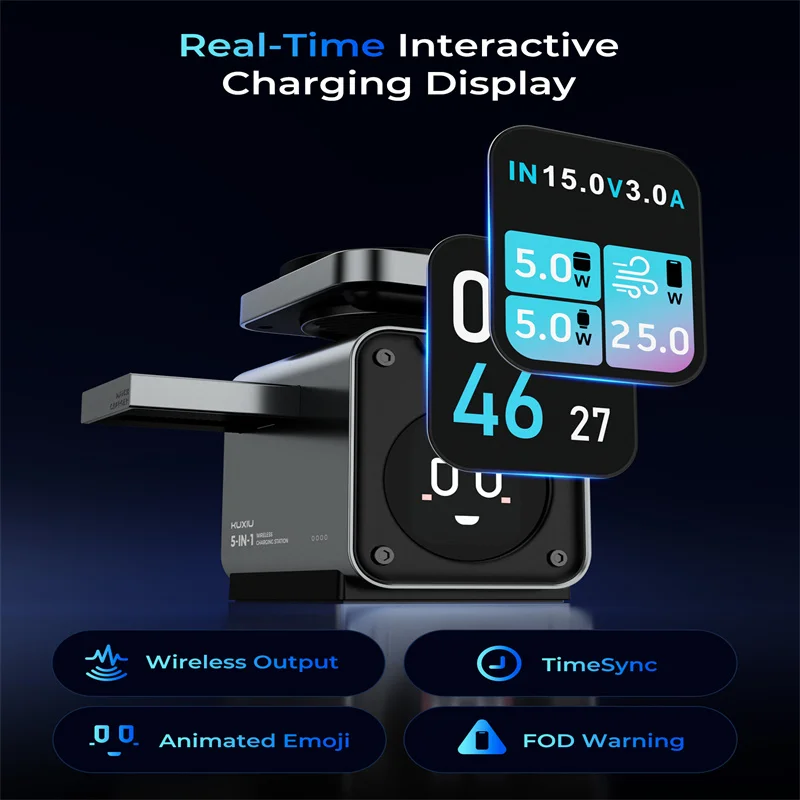 KUXIU D5 Qi2.2 25W Magnetyczna Stacja Ładująca Bezprzewodowa z Inteligentnym Kolorowym Wyświetlaczem TFT do iPhone 18 17 16 15 14 13/iWatch/AirPod — zdjęcie produktu 3