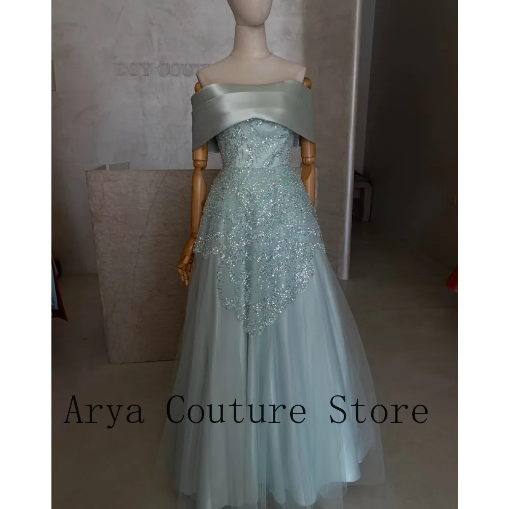 Sage Green Off Shoulder Satin Overlay Collar Multi-layer Beaded Lace Embroidery Flowy Tulle A-line Floor Length Bridal Wedding