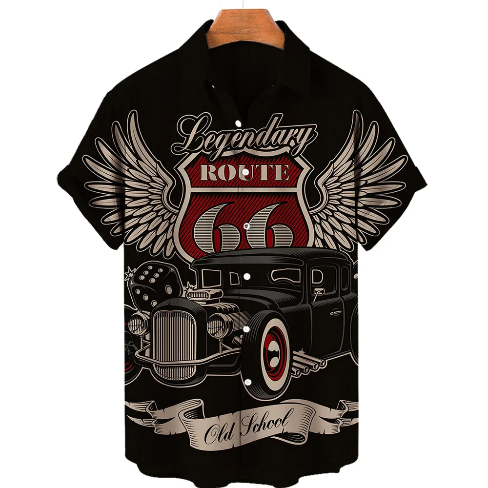 

2024 Hawaiian Men's Shirt Route 66 3D-Printed Summer Loose Breathable Fashion Shirt Men's Vintage Short-Sleeved Shirt Tops