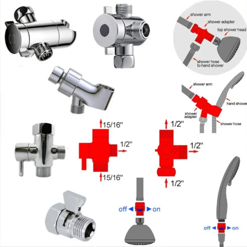 G1/2in 3 Way Diverter Valve T-Adapter Converter for Shower Brass Water Tap Connector Bathroom Faucet Water Separator