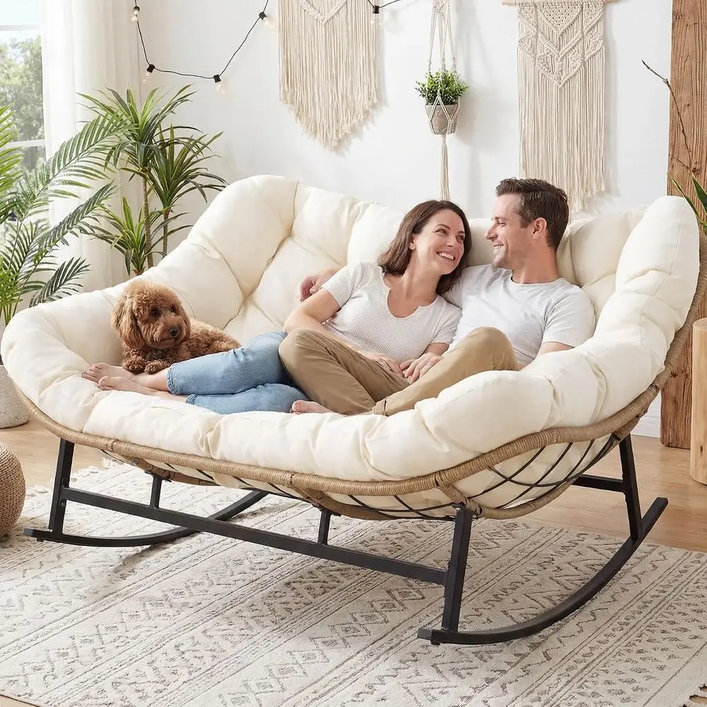 Oversized Double Rocking Papasan Chair with Thick Cushion, 2 Person Big Wicker Outdoor Comy Recliner, Extra Large Heavy Duty Egg