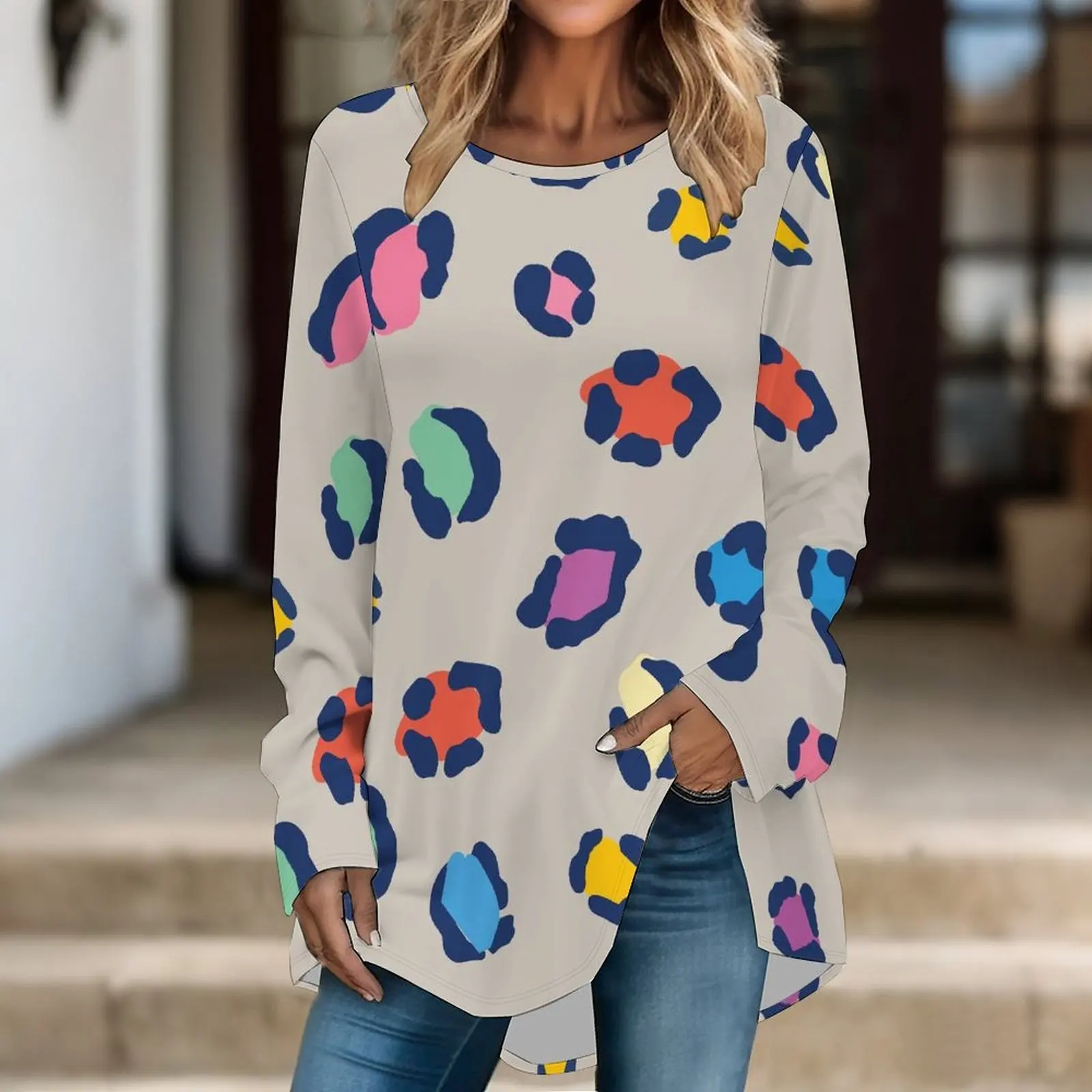 Women Long Sleeve Tunic Top Print Crew Neck Loose Fit Blouse With Pockets Casual Daily Wear Ladies Tops