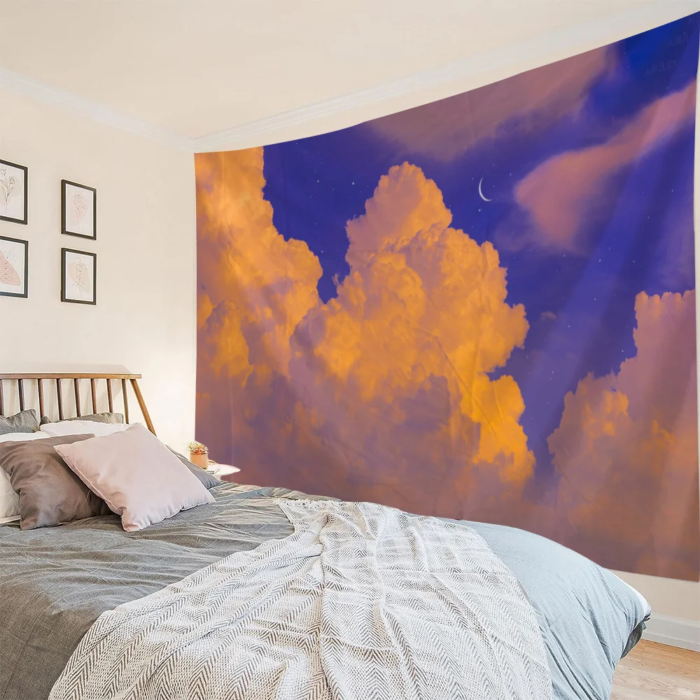 

Cartoon Starry Sky Art Tapestry Pink Cloud Moon Wall Hanging Cloth Children's Room Decoration Kawaii Wall Decoration Tapestry