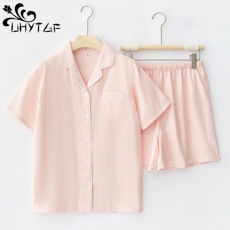 

UHYTGF Pajamas Women Short Sleeved Shorts Summer Two-Piece Set Female Cotton Thin Home Clothes Ladies Comfortable Sleepwear 2676