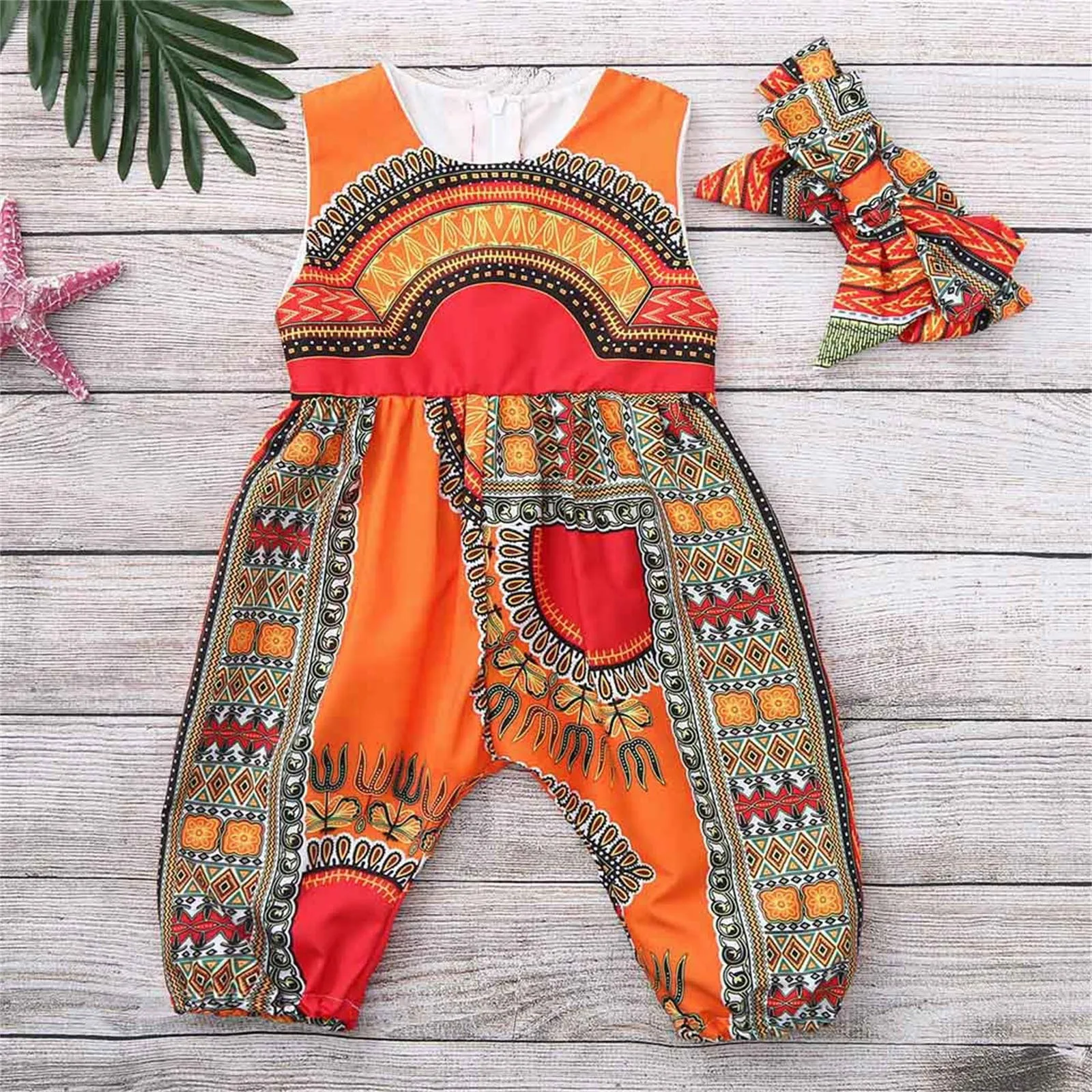 Fashion Sleeveless Romper Headband Outfit Bodysuit Summer African Print Jumpsuit Toddler Kids Baby Girls Traditional Playsuits