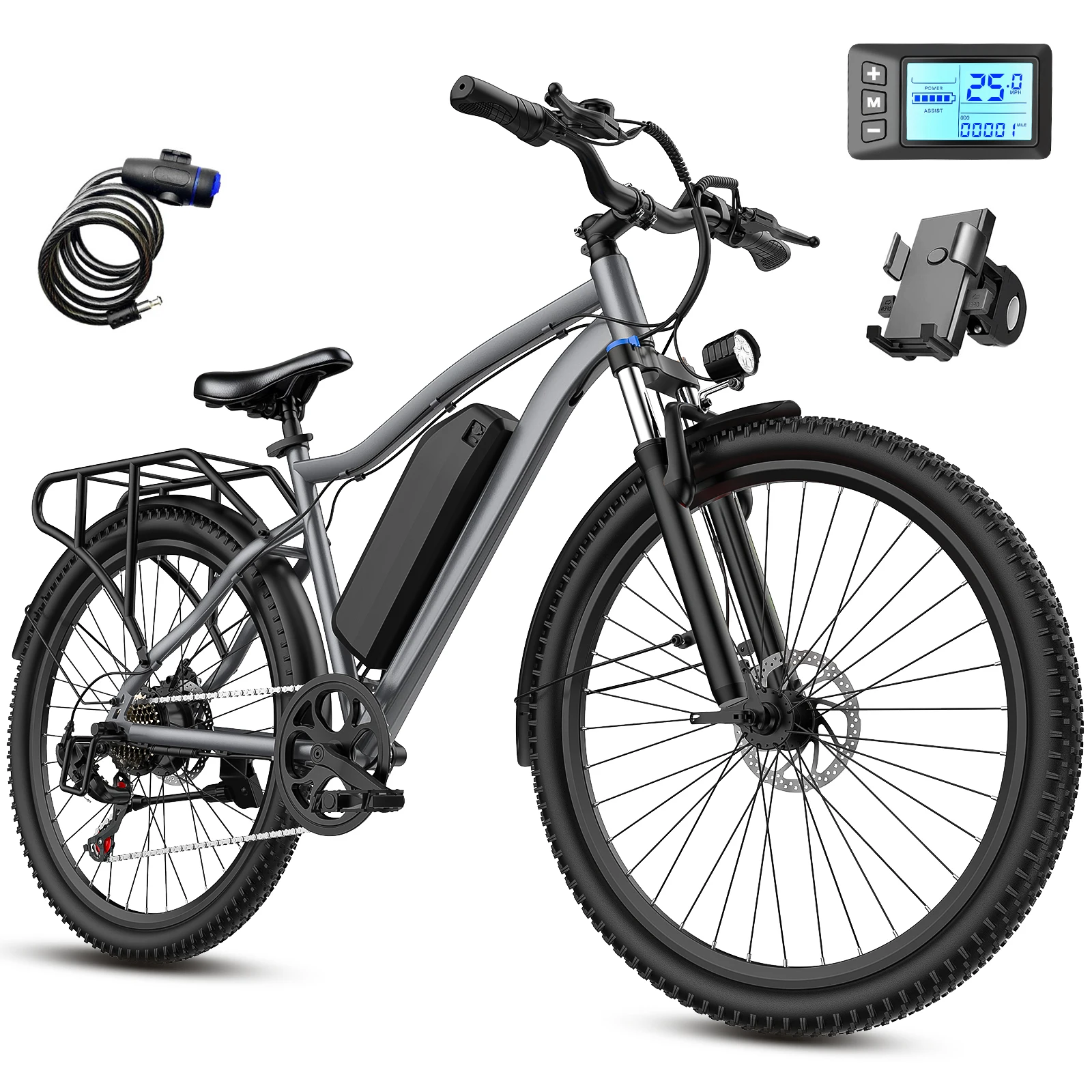 720W All Terrain Electric Mountain Bike, 48V375WH, 25mph/H,26 inch Dual Shock Absorption 7-speed Bike,Max Range Of 50 Miles