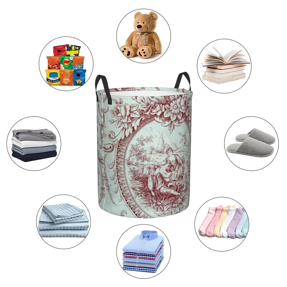 custom Vintage French Romantic Toile De Jouy Laundry Basket Collapsible Clothes Hamper for Nursery Kids Toys Storage Bin