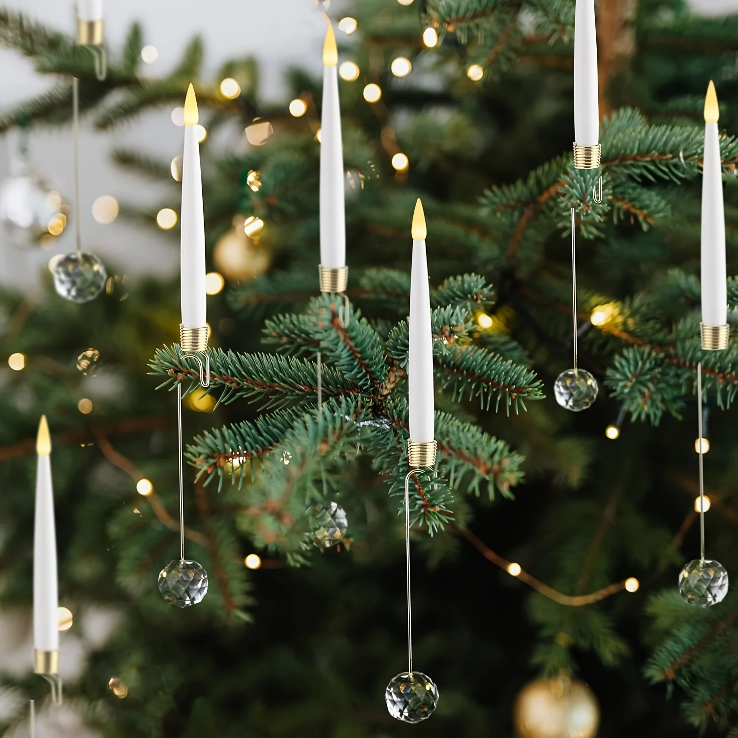 12 Pack Artificial Xmas Tree Flameless LED Taper Candles Battery Operated Remote Crystal Ball Gold Hook Xmas Wedding Home Decor