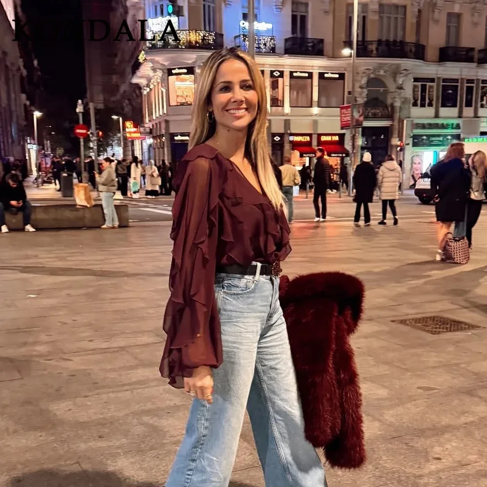 KONDALA 2023 Lente Zomer Sexy Dunne Effen Vrouwen Shirts Fashion Casual Tiered Sheer Raglanmouwen Single Breasted Dames Shirts