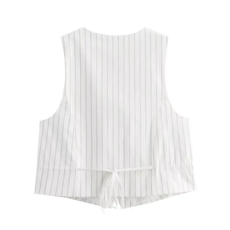 Slimming Versatile Striped Svel V-Ne Vest New Arrival Women's Faion 2024 Autumn Season All-Match Single Button Closure