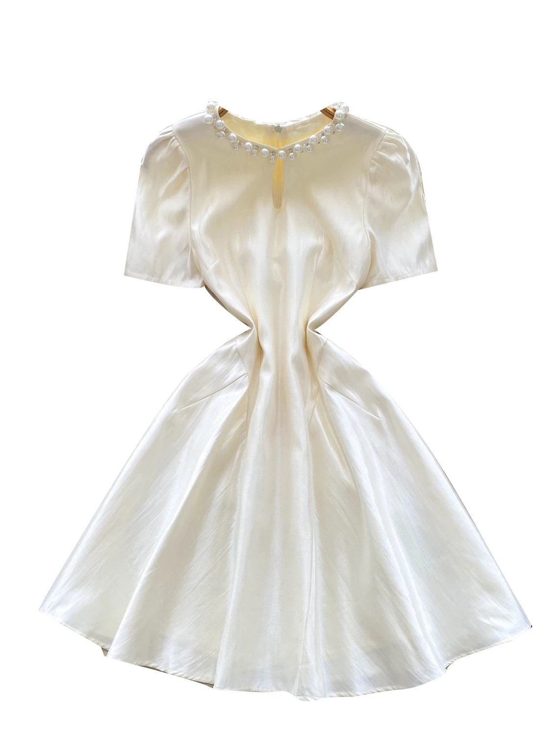 Vestido curto e com toque acetinado, cinto de pérolas, design de cintura alta, linha A, estilo coreano, moda verão par...