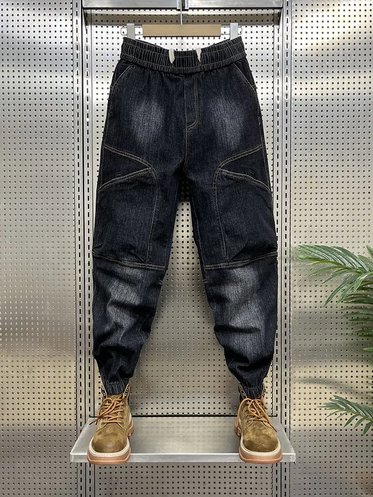 

Модные джинсы-харланы с эластичным поясом для мужчин, свободный крой, молодежный стиль, осень-зима, новинка, зауженные штанины, джинсы с пэчворком