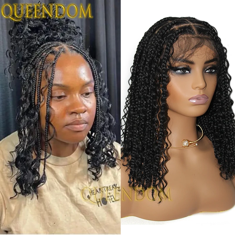 Wig kepang Bohemia sintetis 12 inci Wig Dreadlock kotak Bob pendek Wig kepang penuh renda UNTUK WANITA tanpa simpul Wig kepang Crochet Cornrow