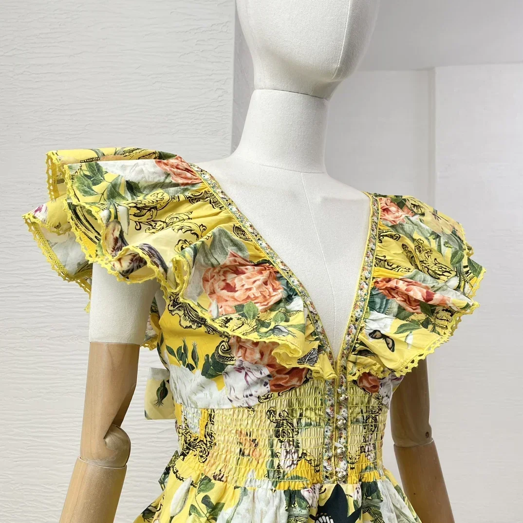 2025 New Yellow Floral Print Sleevless V Neck Diamonds Pressed Ruffles Cut Out Waist Women Mini Dresses for Holiday