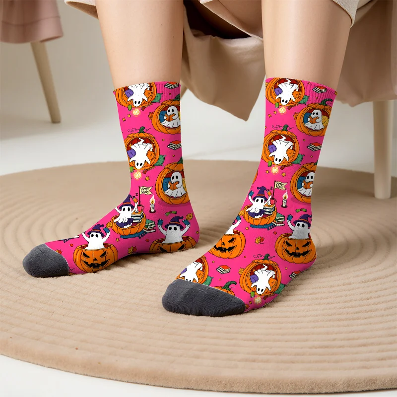 A Pair of 3Dprinted SocksWhimsical Halloween Socks - Spooky yet Cheerful Ghosts in Orange Pumpkins with Scary BooksSoft