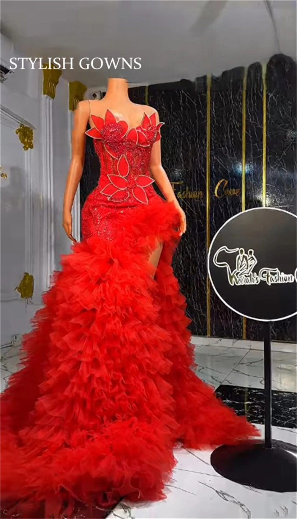 

Real Image Luxury Red Long Prom Dresses With Flower Sparkle Crystal Beaded Evening Dress Ruffles High Slit Birthday Party Custom