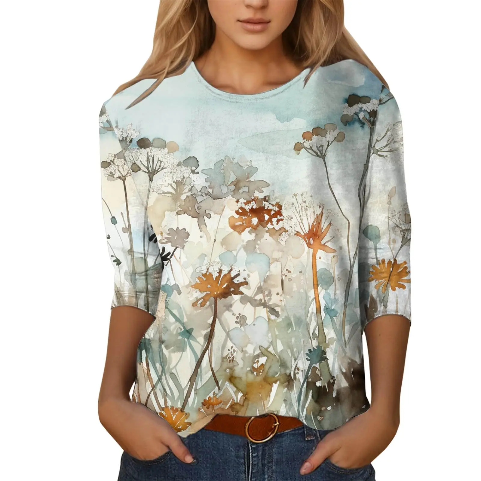 Women\'s T-shirt 3d print retro ink flower print casual long sleeve round neck regular top daily print pink spring and autumn