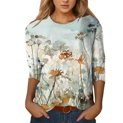 Women's T-shirt 3d print retro ink flower print casual long sleeve round neck regular top daily print pink spring and autumn