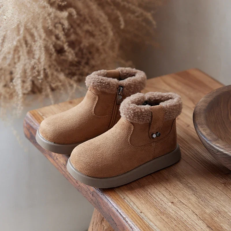 

2025 Children Thick Sole Suede Snow Boots Girls Casual Warm Anti-slip Winter Cotton Shoes Casual Outdoor Fashion Flat Footwear