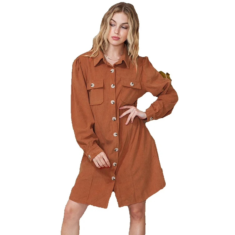 

New Autumn Solid Color Holiday Style Dress Women's Versatile Corduroy Thread Shirt Skirt Women