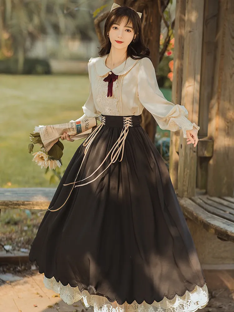 MAGOGO French Retro Palace Style Princess Skirt Sets Women Lolita Baroque Light Lace Long Skirt Vintage Long Short Sleeve Shirt