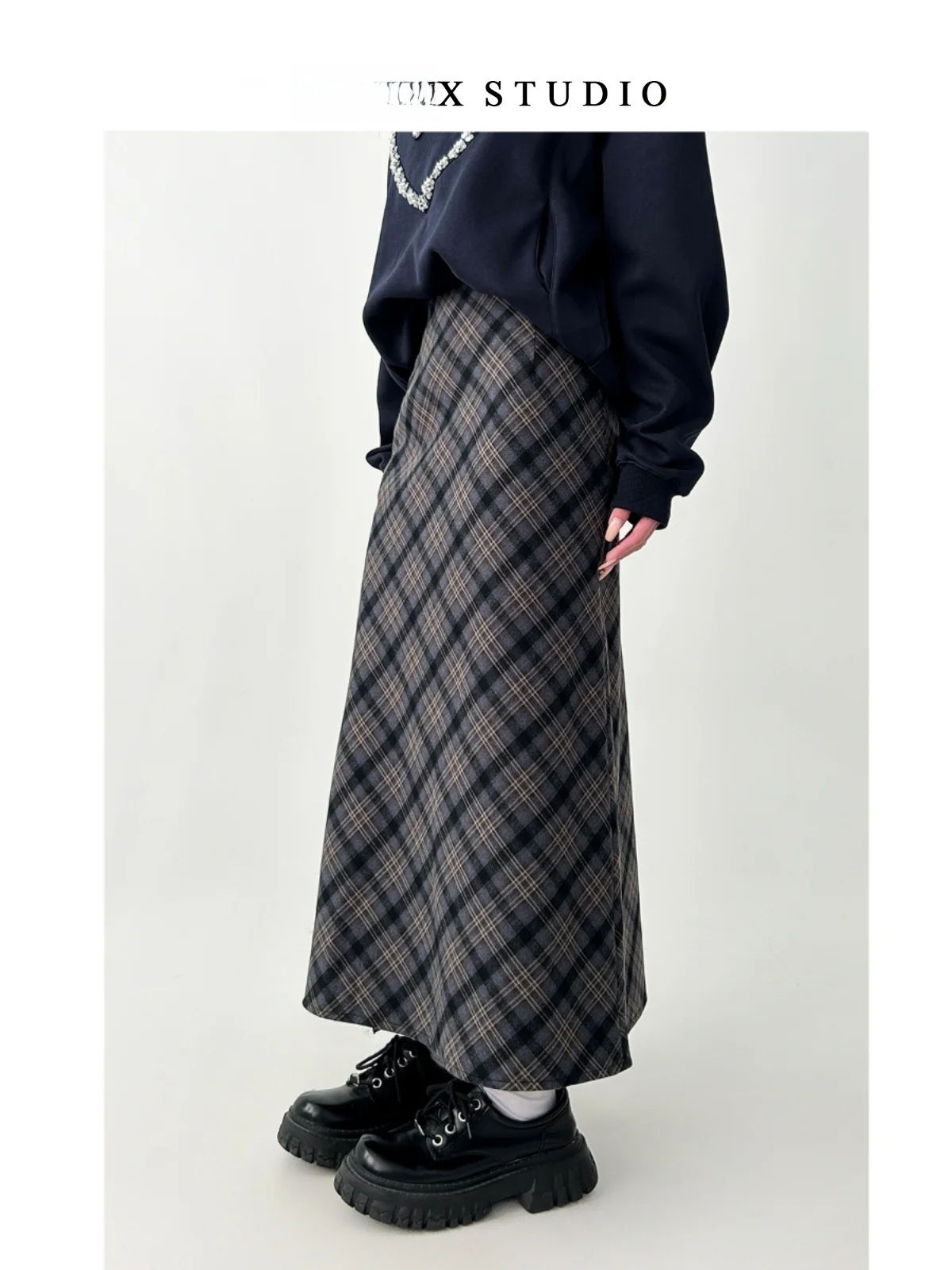 plus maat Amerikaanse retro geruite midi-rok dames lente herfst winter A-lijn micro plus maat open splitrok