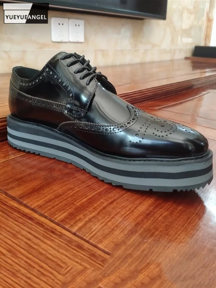 Mens Genuine Leather Brogue Shoes Thick Bottom Lace Up Office Men Business Casual British Style Retro Dress Shoes Platform Shoes