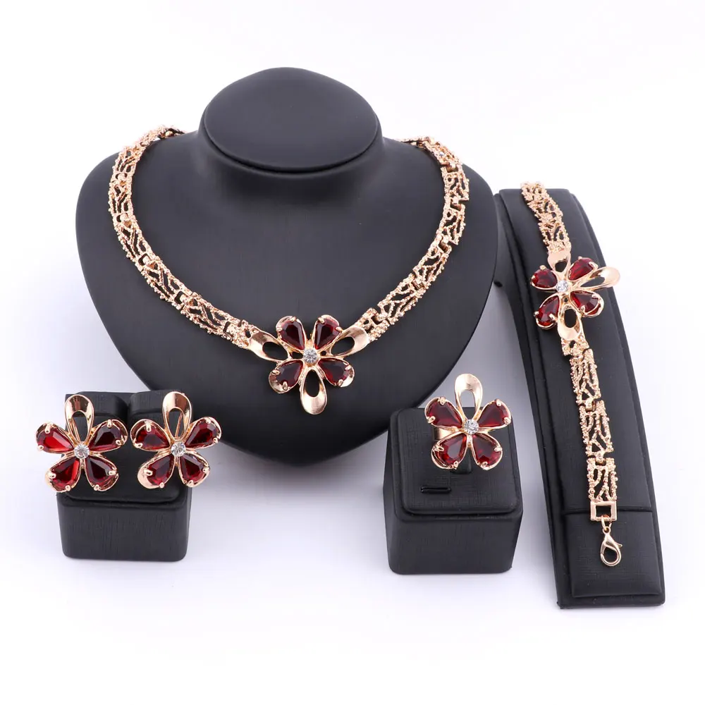 Women\'s Wedding Bridal Bridesmaid Zircon Crystal Statement Necklace Bracelet Ring Earrings Party Costume Jewelry Set