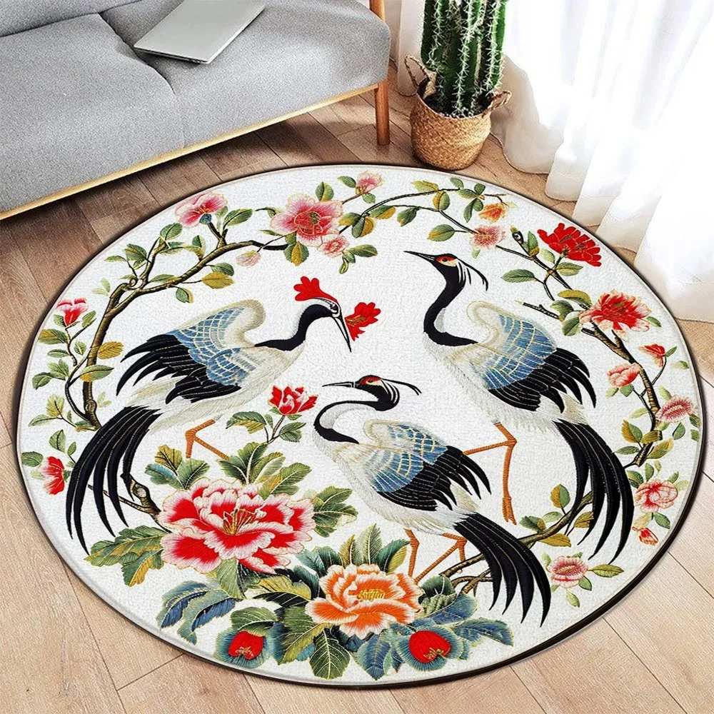 Lotus Flower Koi Cherry Blossom Chinese Style Round Carpet Peacock Butterfly Circular Floor Mat Living Room Bedroom Decor Rugs