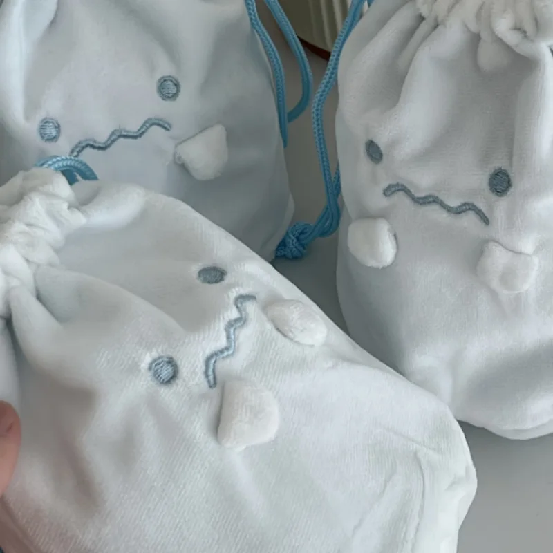 Cute Cartoon Ghost Embroidery Drawstring Bag Soft Plush Storage Organizer for Girls Small Object Cosmetic Storage Pouch