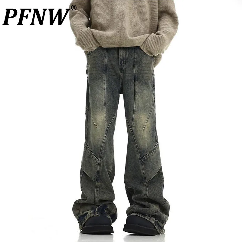 PFNW Asymmtrical Spliced Male Denim Pants High Street Vintage Design Washed Hip-hop Loose new Men‘s Jeans 2024 Autumn 28W3860