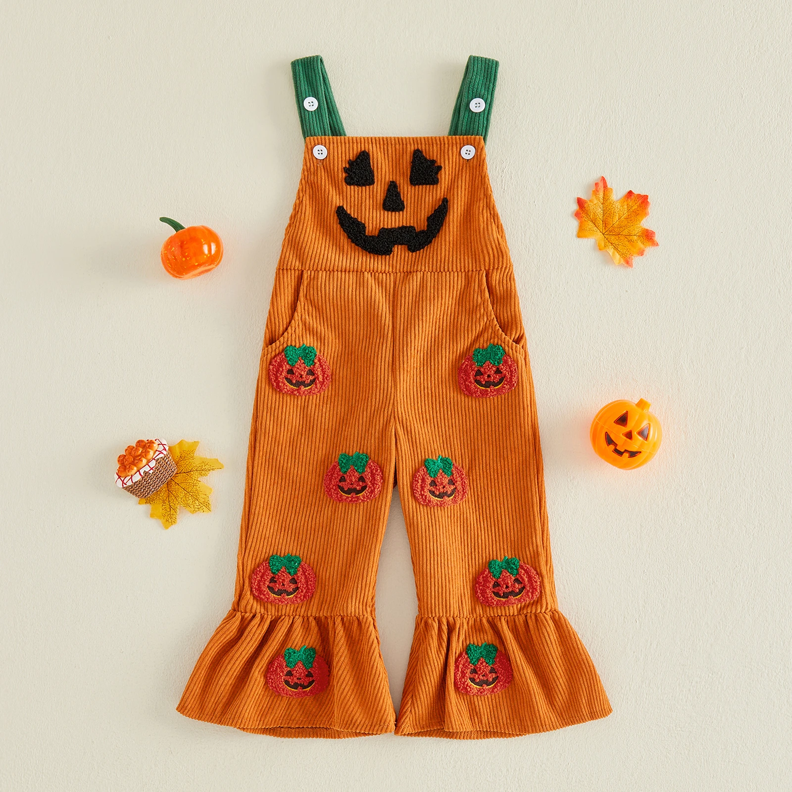 1-4Y Toddler Girl Halloween Corduroy Overalls Pumpkin Embroidered Flare Pants Jumpsuit Cute Baby Fall Holiday Clothes