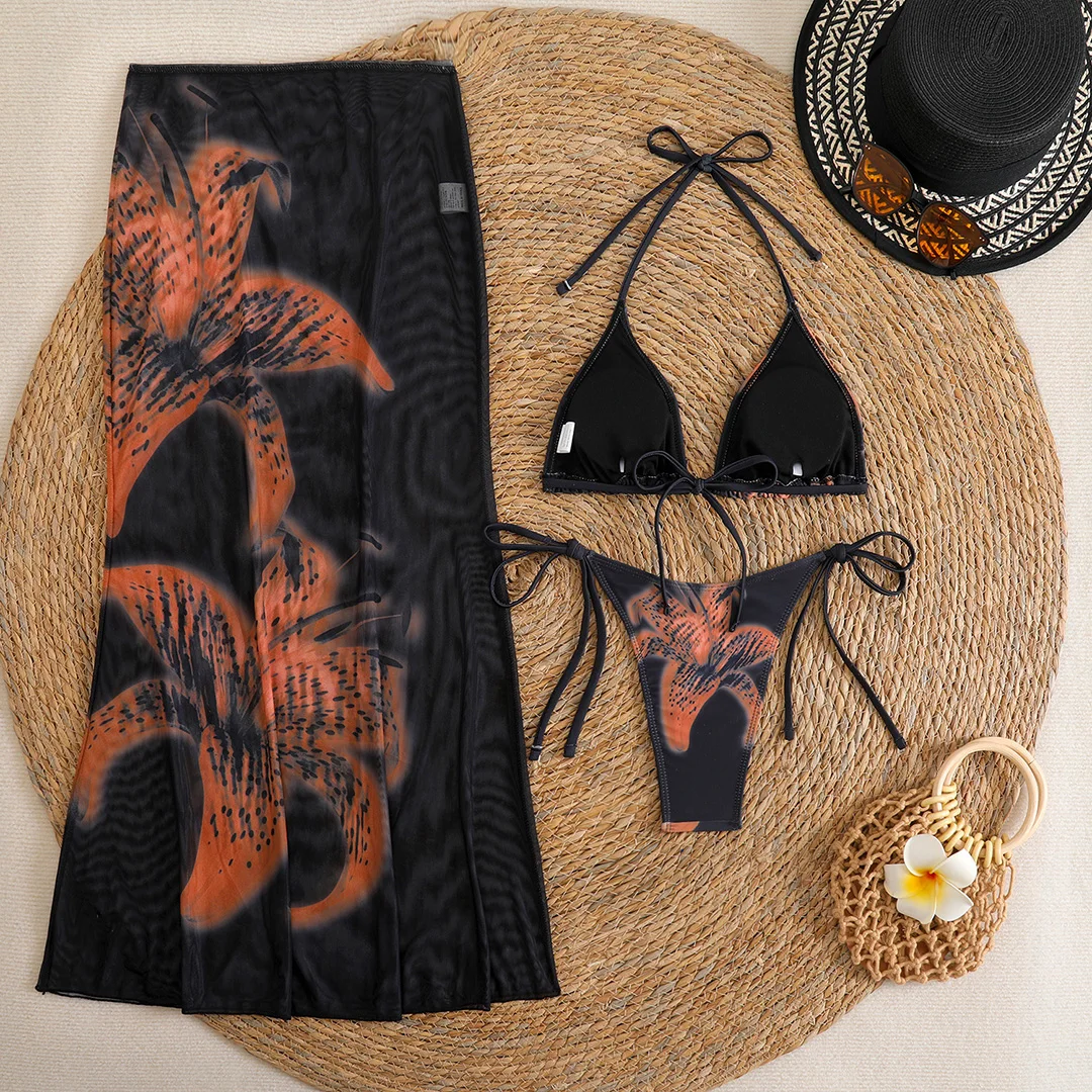 Blumenmuster mit Rock, Neckholder-Bikini, Damen-Badebekleidung, dreiteiliges Bikini-Set, Damen-Badeanzug, Badebekleidung, Badeanzug, Schwimmkleidung V6637 – Detail 34