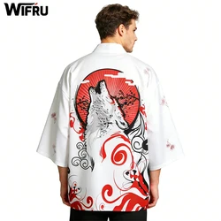 Moda japonesa lobo impressão samurai quimono verão casual praia cardigan branco yukata feminino masculino cosplay haori topos roupas asiáticas