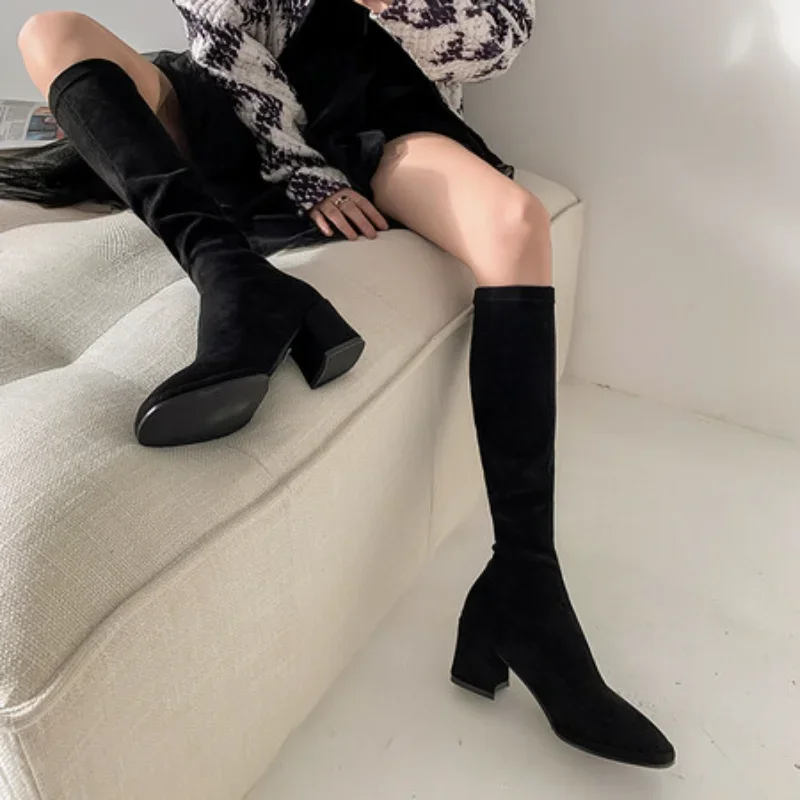 

Stretch Women's Winter Thigh High Boots Suede Knee High Boot Black Casual Low Heel Warm Shoes Black Slim Long Boots Female