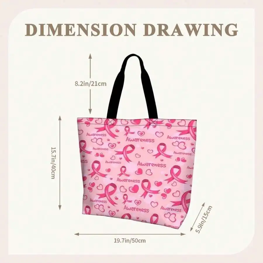 

Pink Ribbon Awareness Tote Bag For Women Breast Cancer Support Casual Tote With Heart Pattern