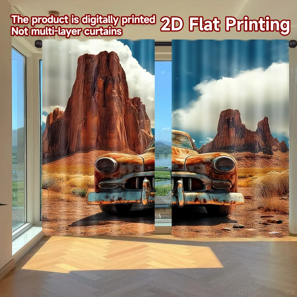 

2D flat printing 2pcs Window Curtains Rusty Car Desert Scene Digital Printed Polyester Drapes Festive Holiday Perfect for Photo