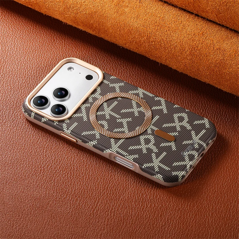 

Luxury Leather For MagSafe Phone Case for iPhone 17 16 15 14 13 Pro Max 17 Alloy Lens Wireless Charging Shockproof Matte Cover