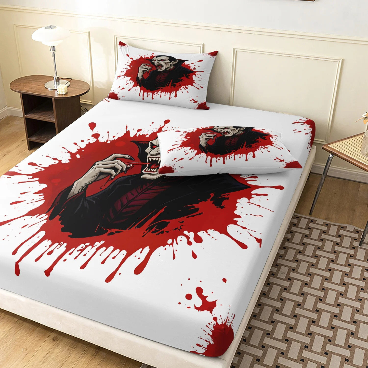 3 Pieces Spooky Gothic Vampire Print Fitted Sheet Set, Red Blood Splash Scary Horror Halloween Pattern Bedding