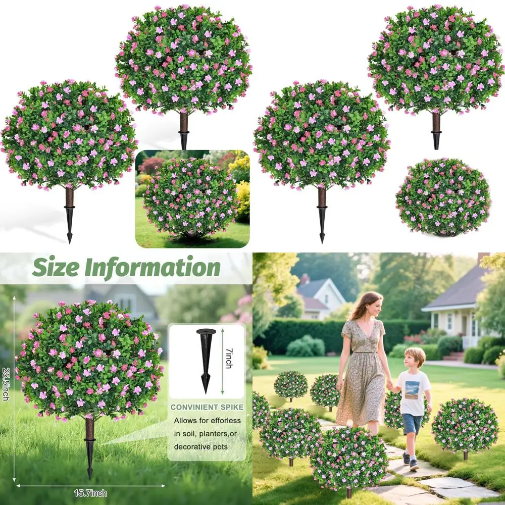 

Pair of 25.5 UV-Protected Pink Flowering Boxwood Topiary Balls, Artificial Outdoor/Indoor Shrubs with Ground Spikes
