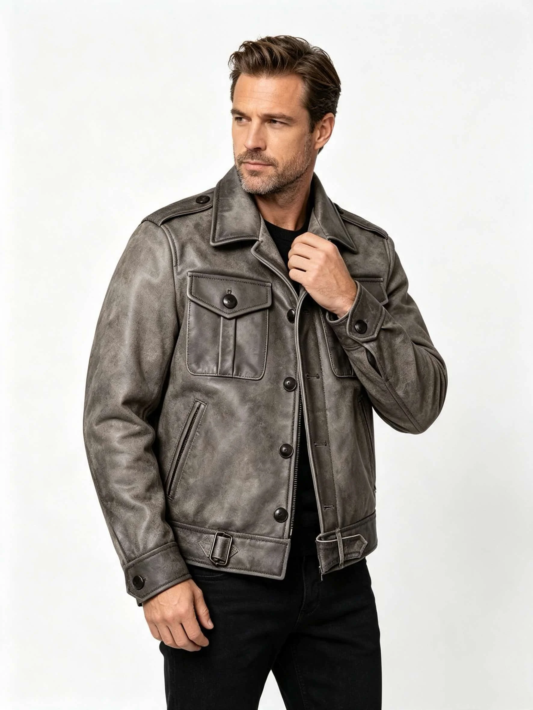 Grey Autumn Leather Jacket Men Retro Style Plus Size 5XL Genuine Natural Thick Cowhide Turn-Down Collar Single Breasted P37 Coat
