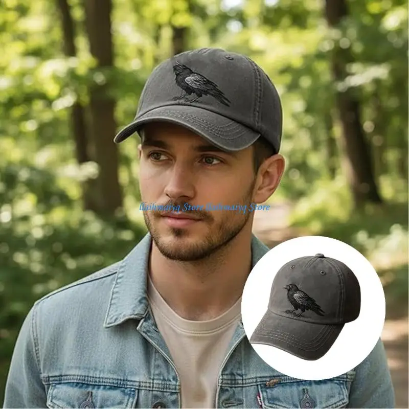 

573B Adjustable Baseball Cap with Embroidery Crow Pattern Men Women Soft Cotton Hat