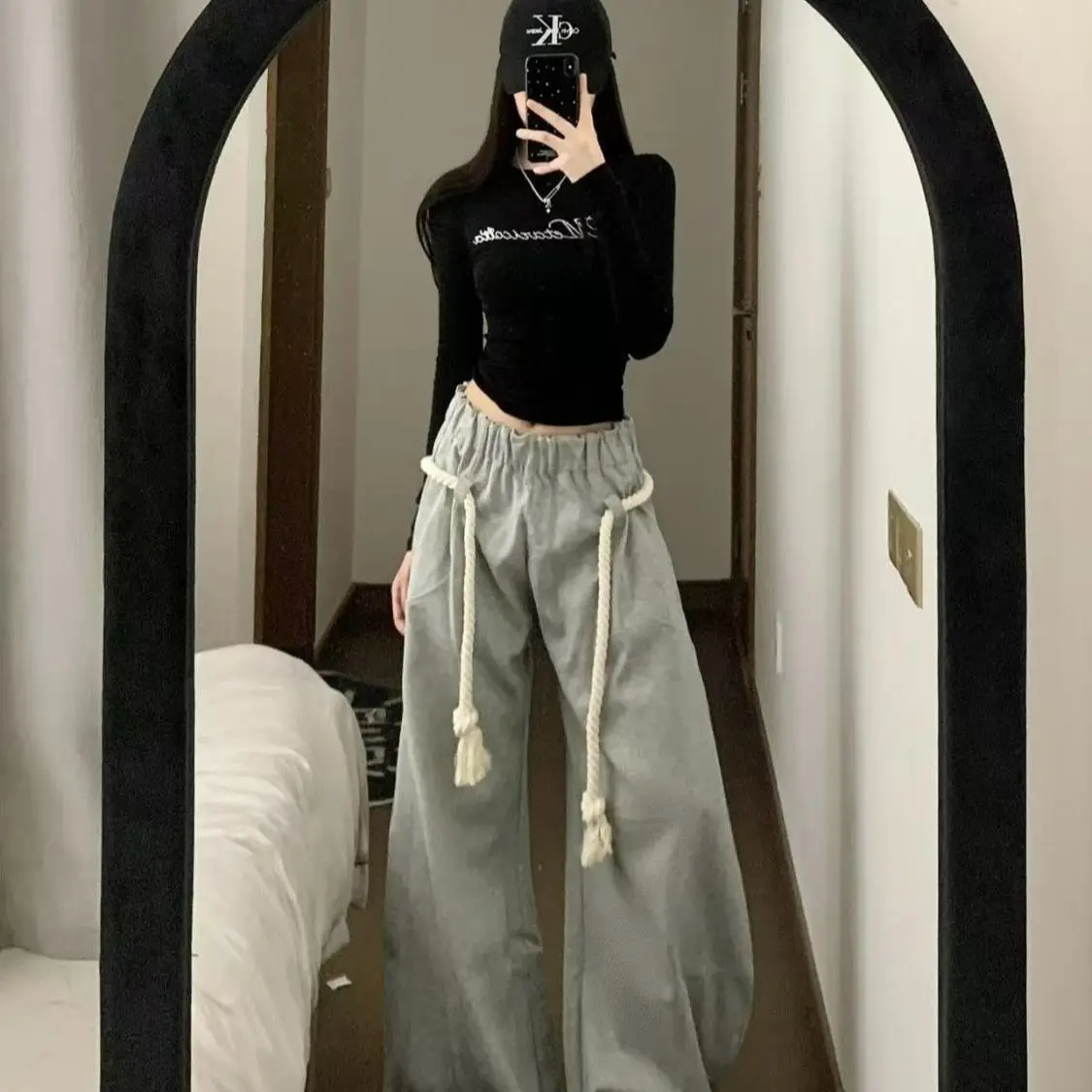 Gray Casual Pants for Women 2025 Autumn New Thick Rope Personalized Wide-leg Pants Loose Wide-leg Sweatpants