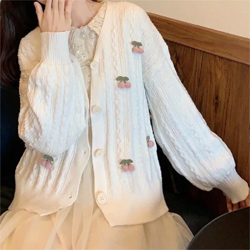 Autumn New Three-dimensional Cherry Knitted Cardigan Jacket Sweet and Fresh Temperament Wind Loose Versatile Sweater Women