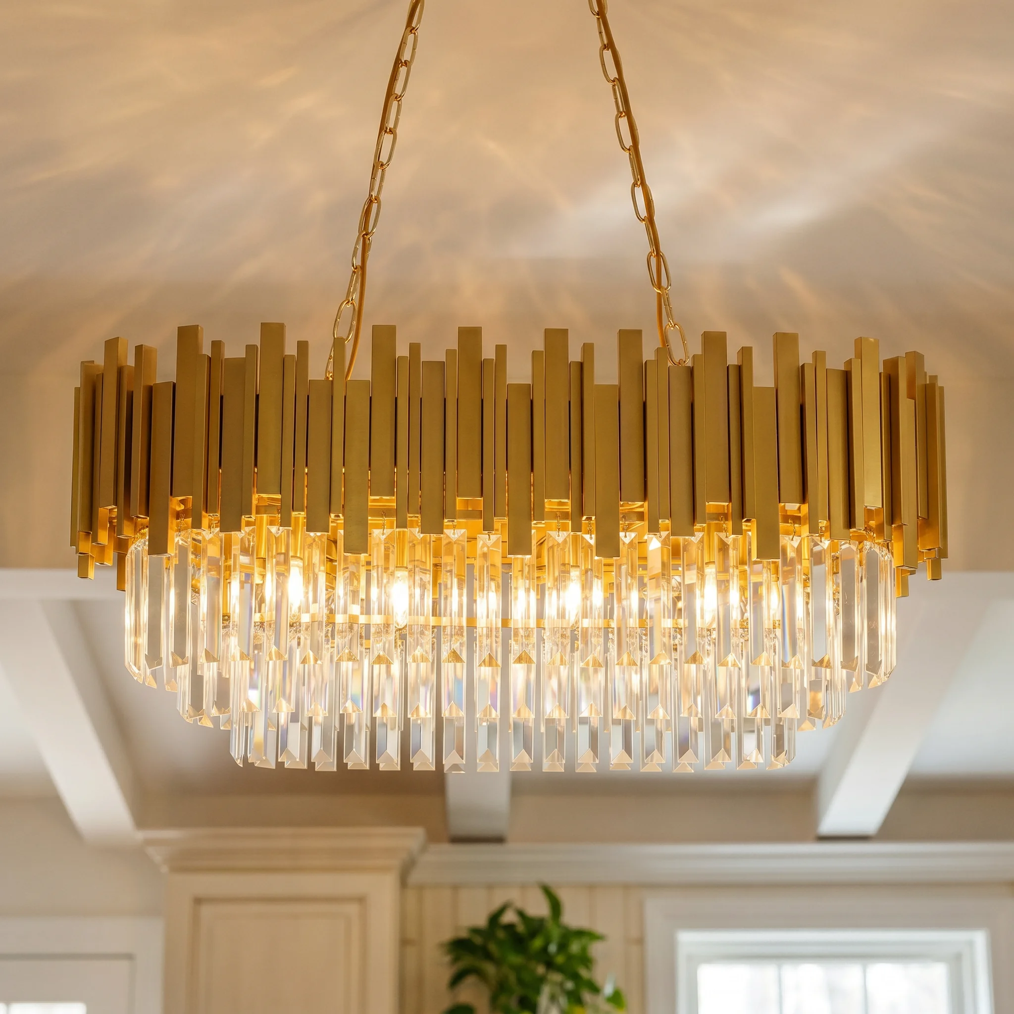 Lustre en cristal de luxe moderne, lustre en cristal doré, lustre en forme de goutte de pluie à 3 niveaux, luminaires, salle à manger, table, F