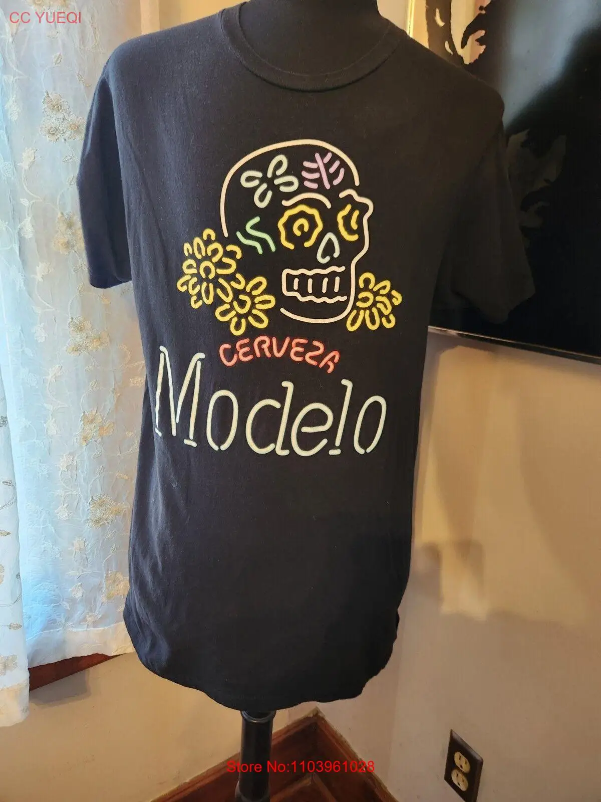 Masculino MODELO Cerveja Cerveza Camiseta, Neon, Caveira de Açúcar, Flores, Preto, Grande, S