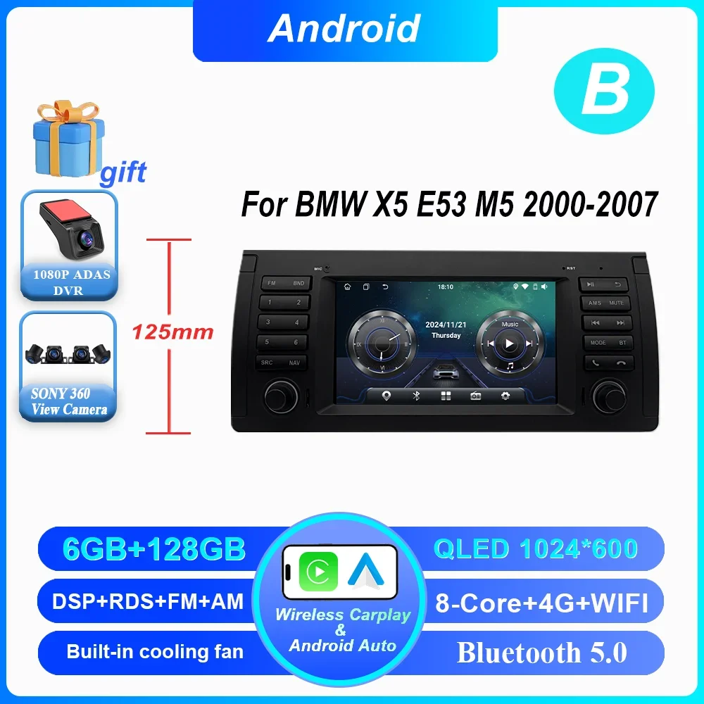 7 Inch Draadloze CarPlay Android Auto Radio Voor BMW 5 Serie E39 X5 E53 M5 1996-2003 Auto multimedia GPS 2din DVD Autoradio 4G DSP