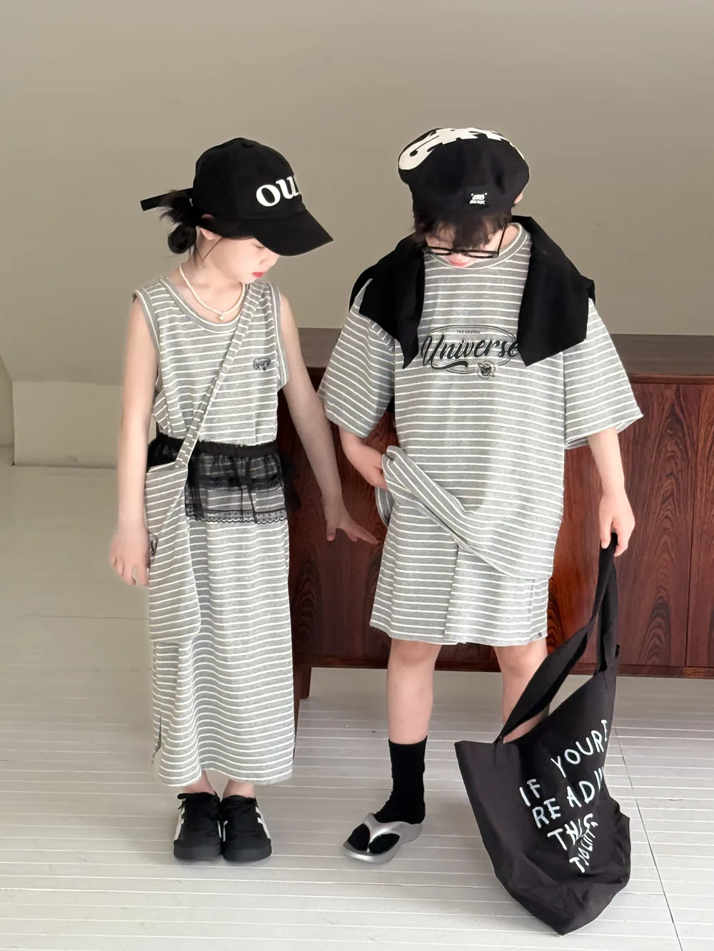2025 Summer New Children Short Sleeve Set Boys T Shirts + Shorts 2pcs Suit Girls Casual Striped Vest Dress Brother Sister Set