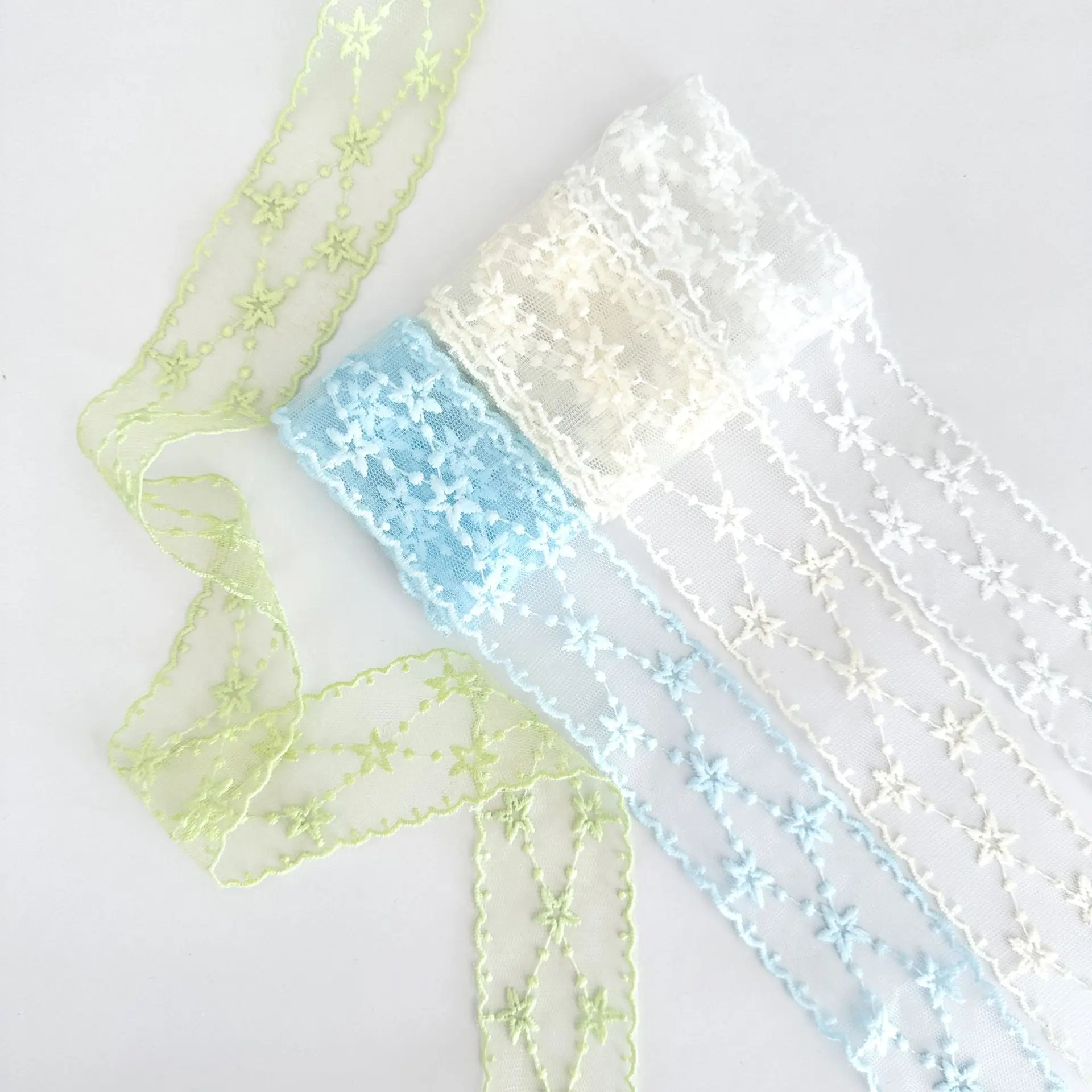 5 Yards x 4cm Star Embroidered Mesh Lace Trim | Multicolor (Blue/Beige/White/Green) for DIY Hair Accessories